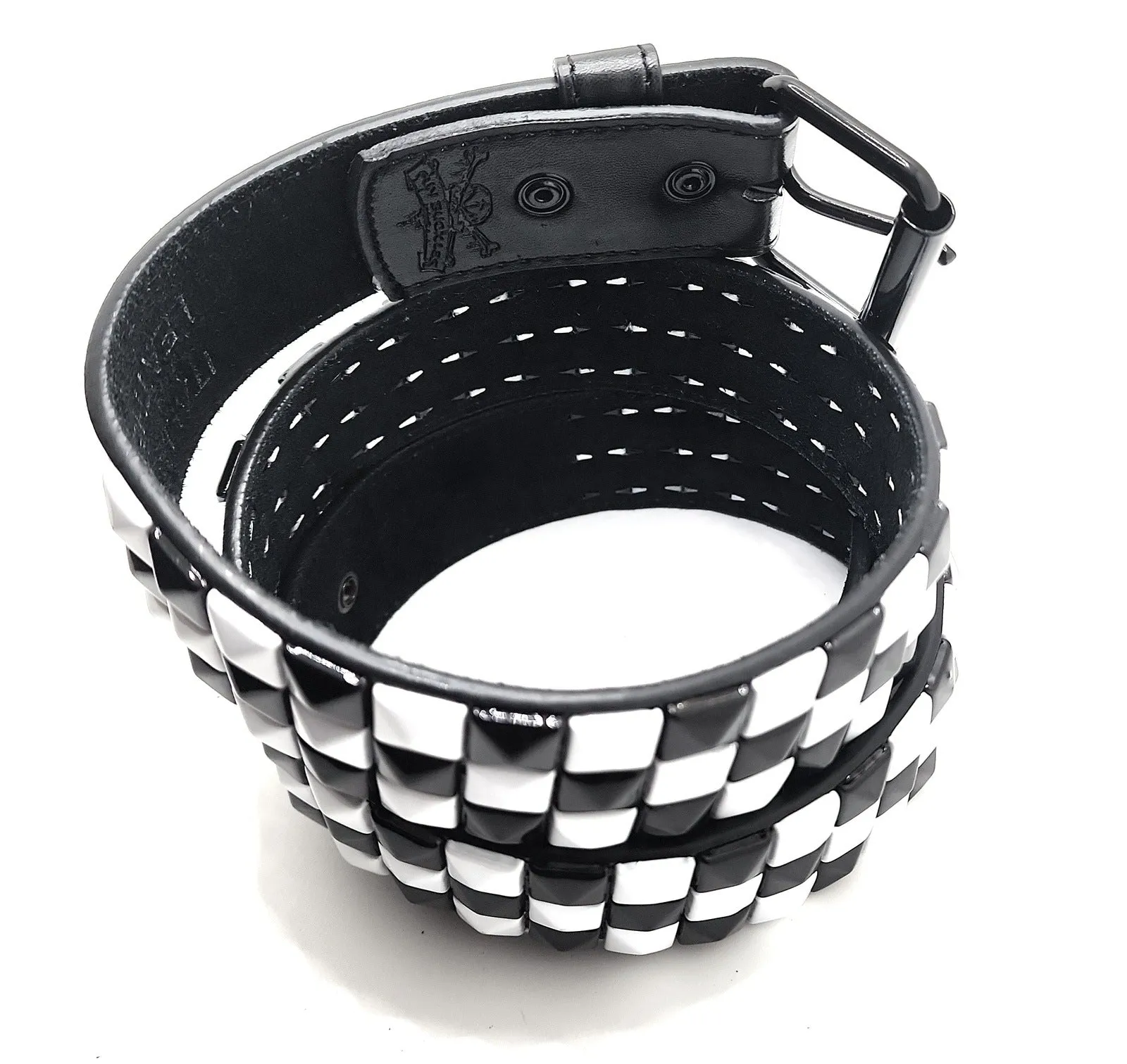 Stitched Black White Checkered Leather Belt Punk