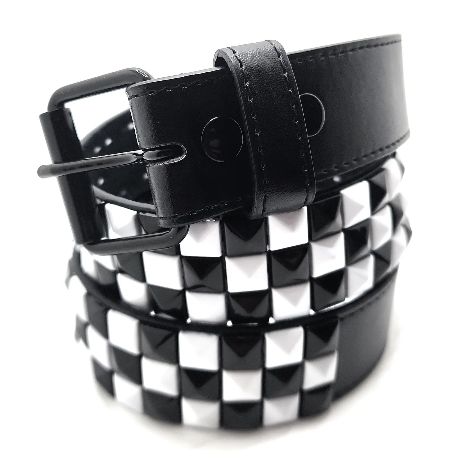 Stitched Black White Checkered Leather Belt Punk