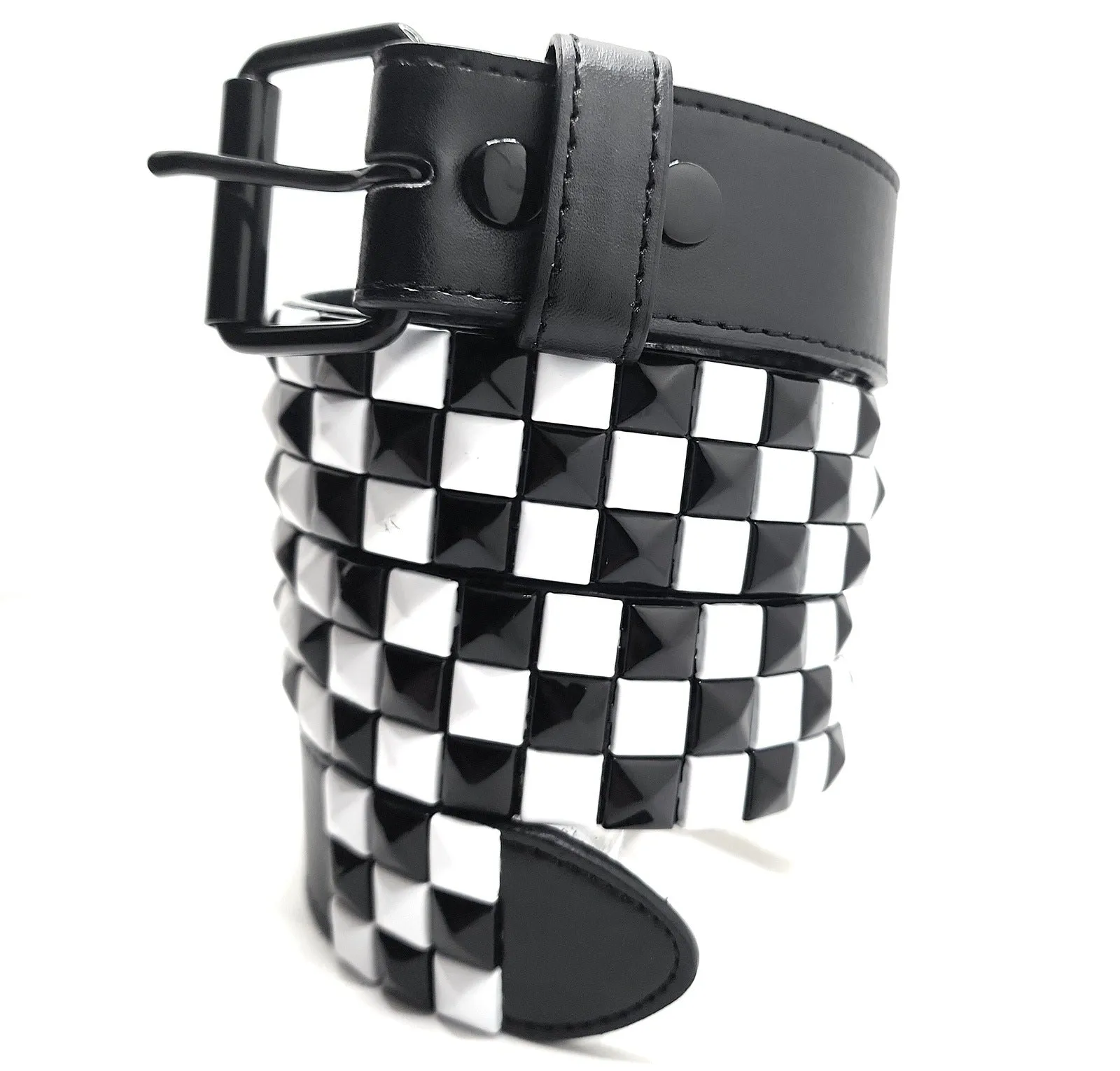 Stitched Black White Checkered Leather Belt Punk