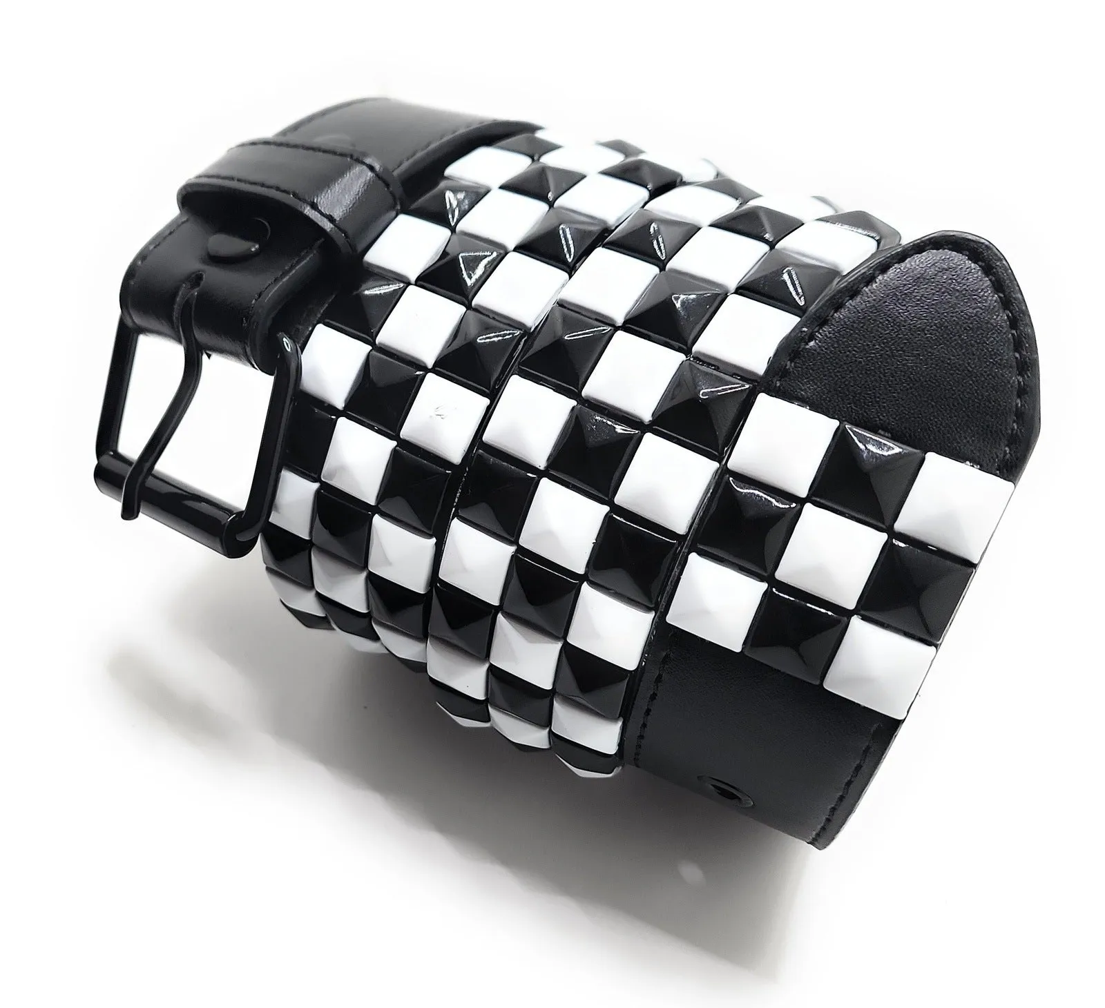 Stitched Black White Checkered Leather Belt Punk