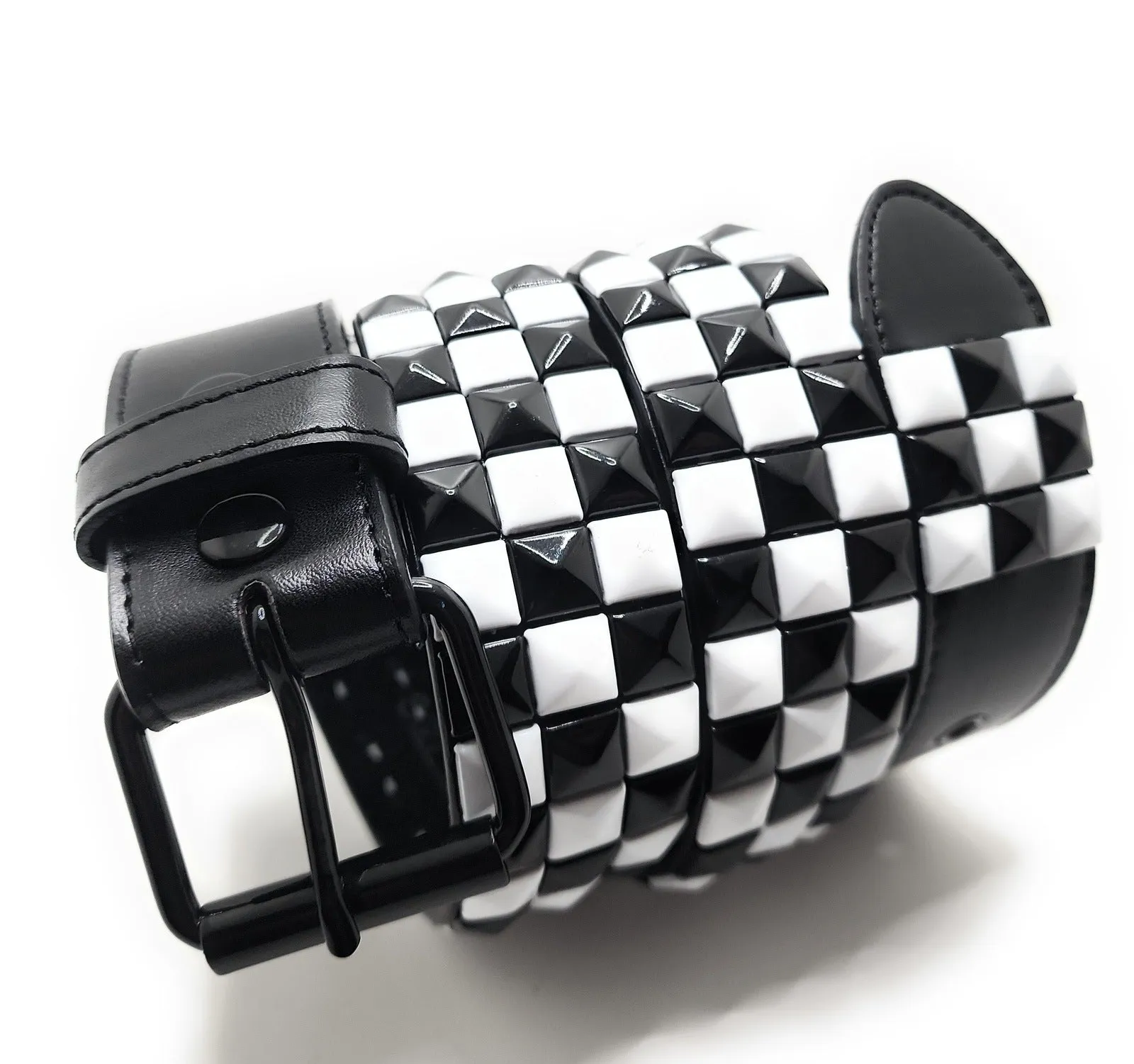 Stitched Black White Checkered Leather Belt Punk