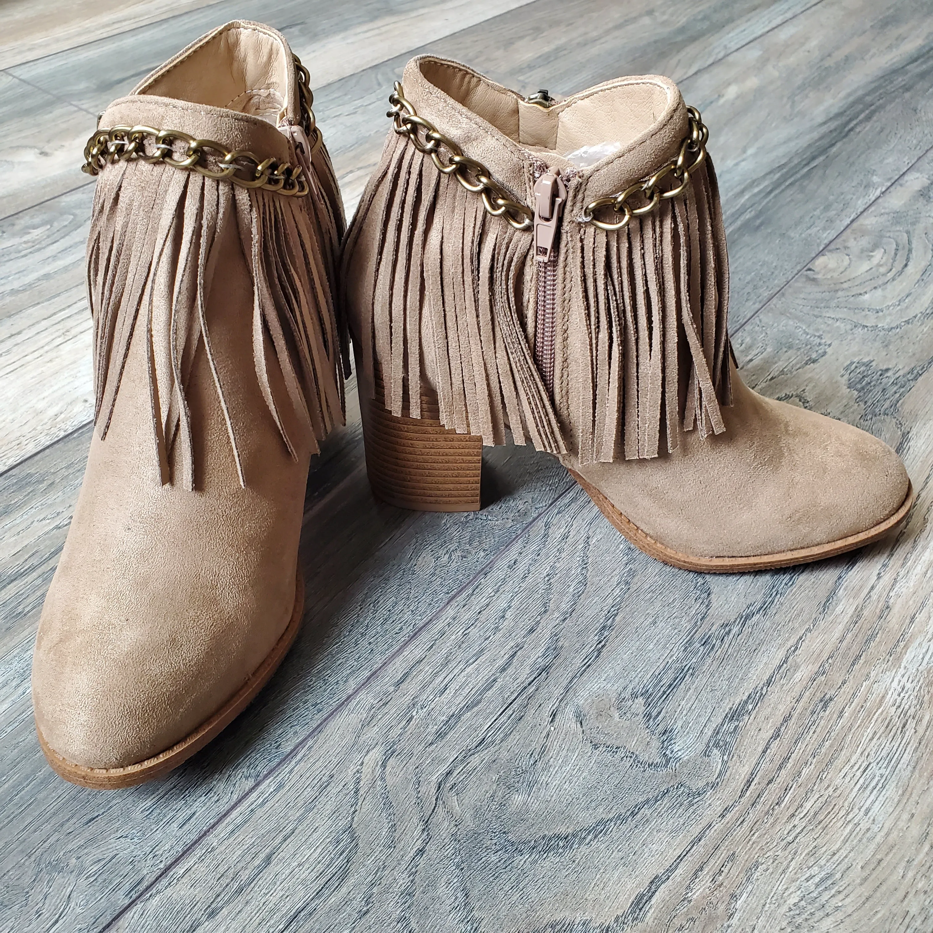 Taupe Heeled Fringe Cuff Booties