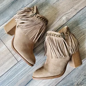 Taupe Heeled Fringe Cuff Booties