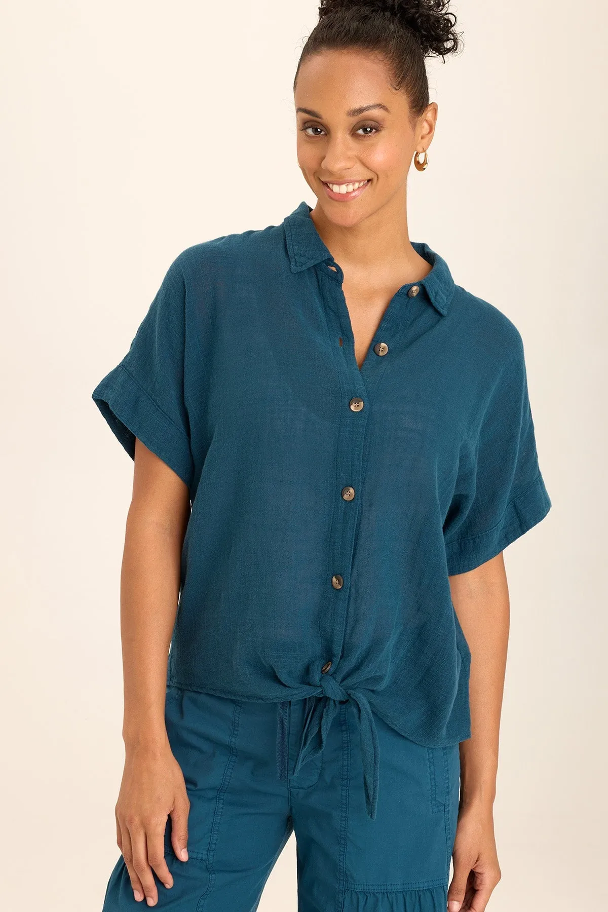 Teagan Gauze Tie-Front Tortioiseshell Button-Up