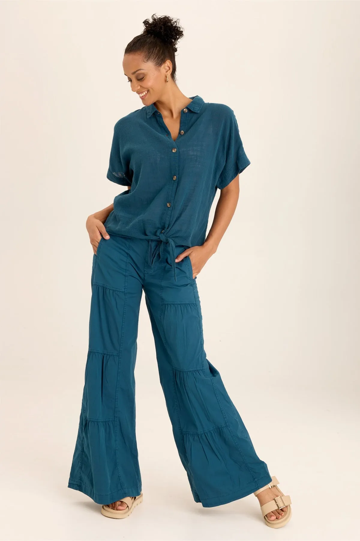 Teagan Gauze Tie-Front Tortioiseshell Button-Up