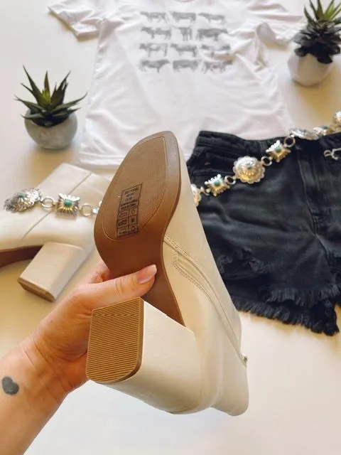 The Casanova White Block Heel Booties