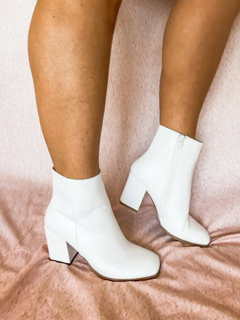 The Casanova White Block Heel Booties