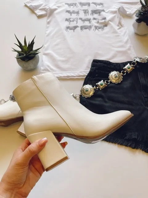 The Casanova White Block Heel Booties