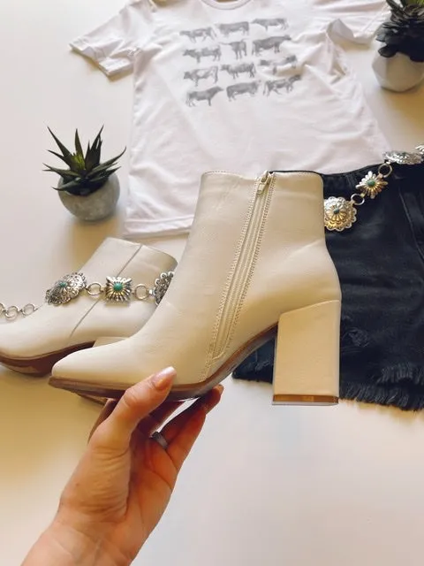 The Casanova White Block Heel Booties