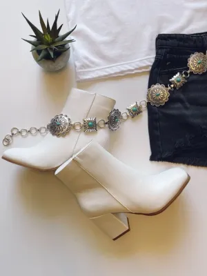 The Casanova White Block Heel Booties