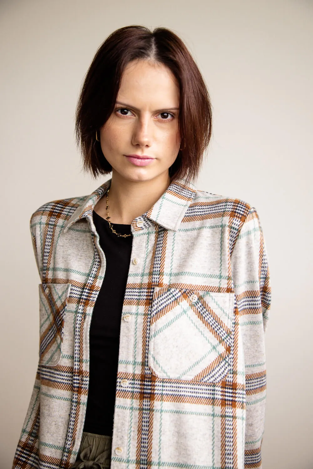 Thread & Supply Lewis Soft Luxe Button Up Shirt for Women in Grey/Green/Brown Plaid | T1084PVXGK-GREYGREENBROWNPLAID