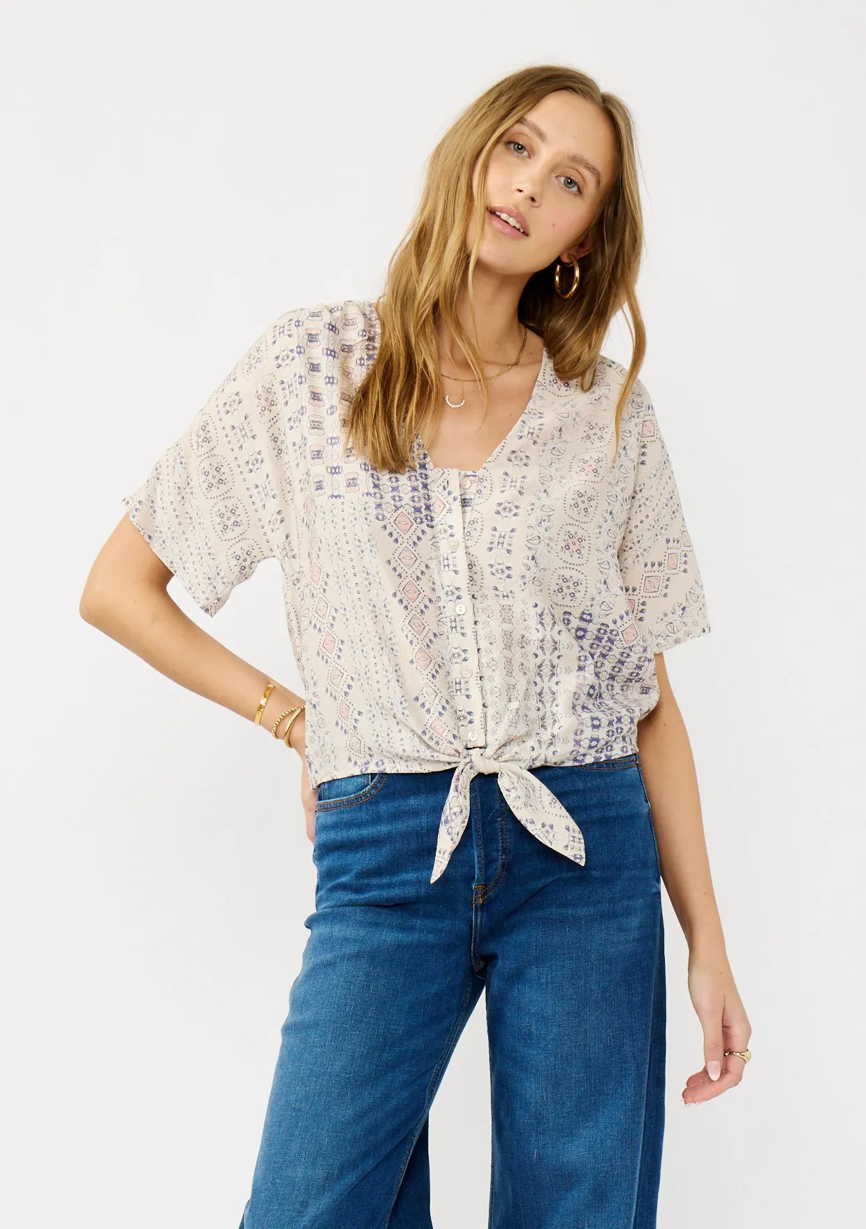 Tribal Print V-Neck Tie Front Top