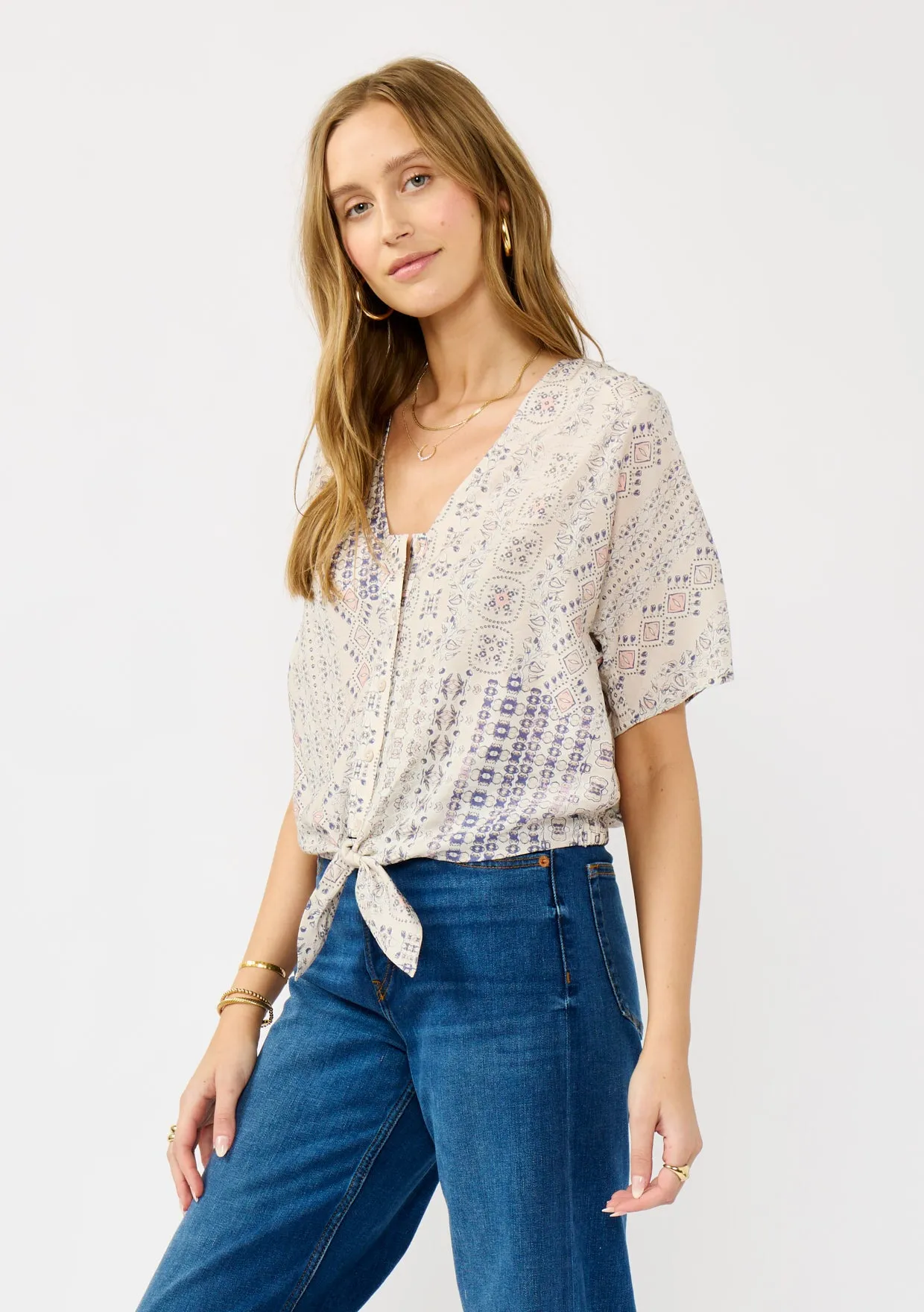 Tribal Print V-Neck Tie Front Top