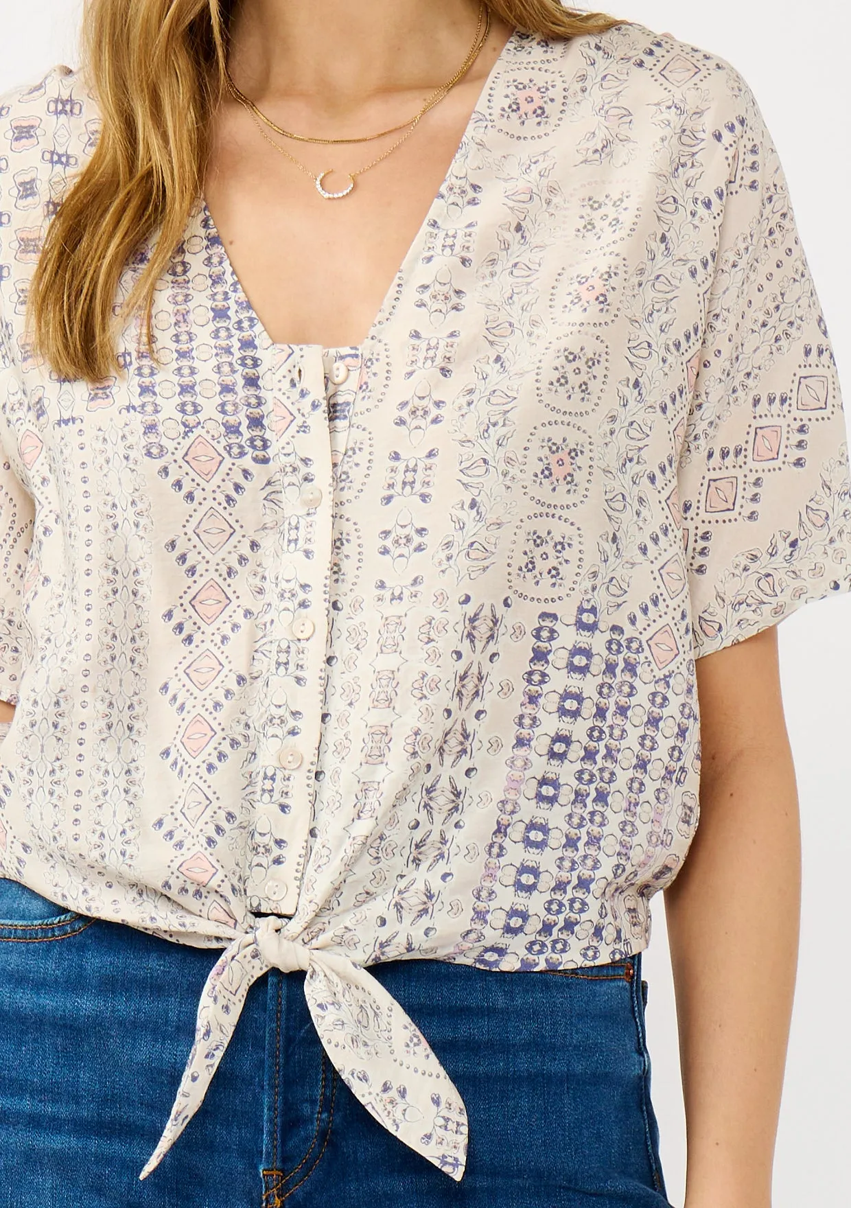Tribal Print V-Neck Tie Front Top