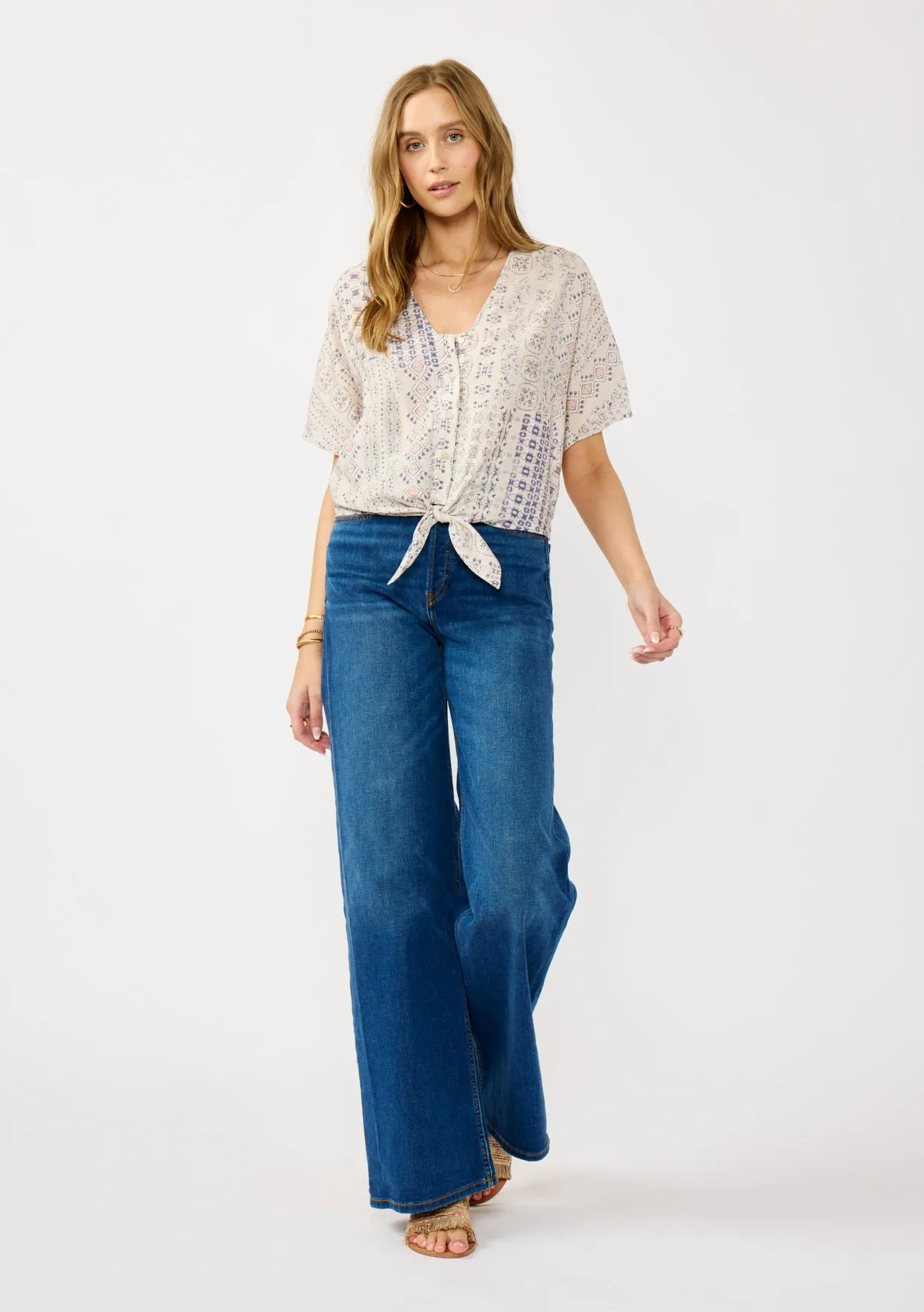 Tribal Print V-Neck Tie Front Top