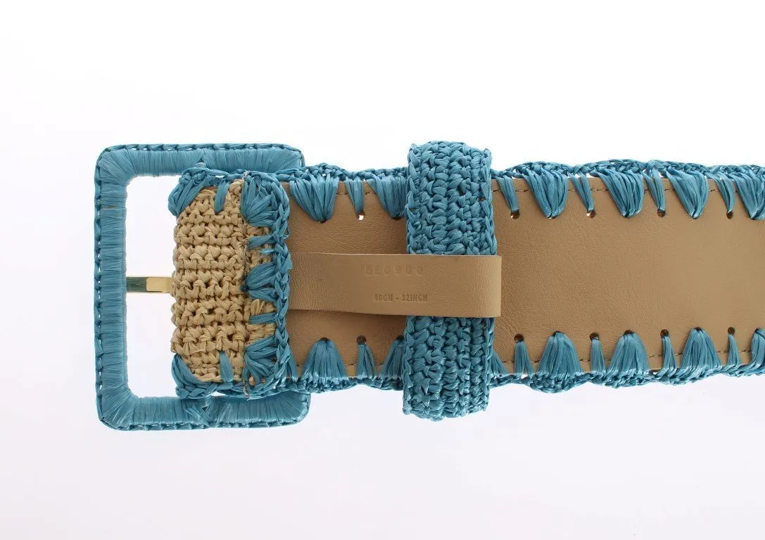 Turquoise Raffia Woven Wide Belt