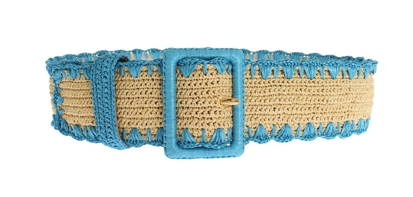Turquoise Raffia Woven Wide Belt