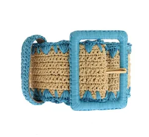 Turquoise Raffia Woven Wide Belt