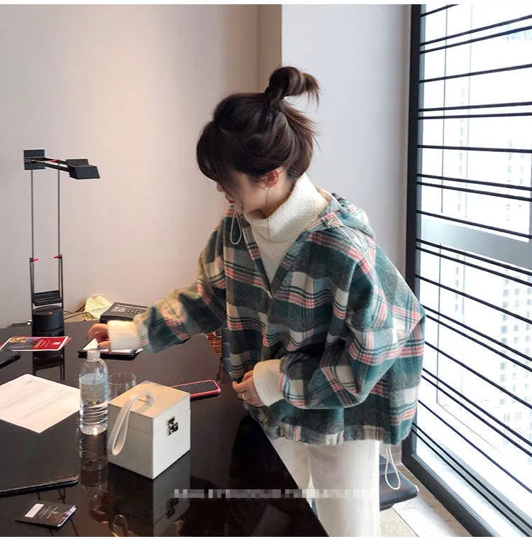 Two Style Plaid Hooded With Turtleneck Sweatshirt