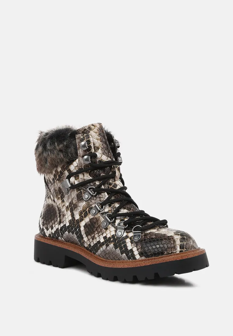 tyra snake print faux fur cuff boots