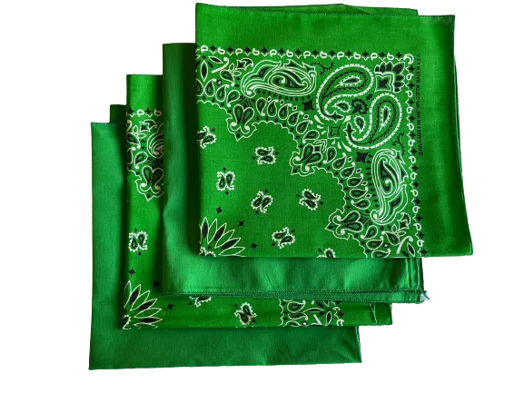 USA Made Paisley & Solid Green Bandanas 4 Pk 22" 100% Cotton