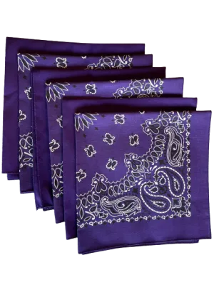 USA Made Paisley & Solid Purple Bandanas 6 Pk 22" 100% Cotton