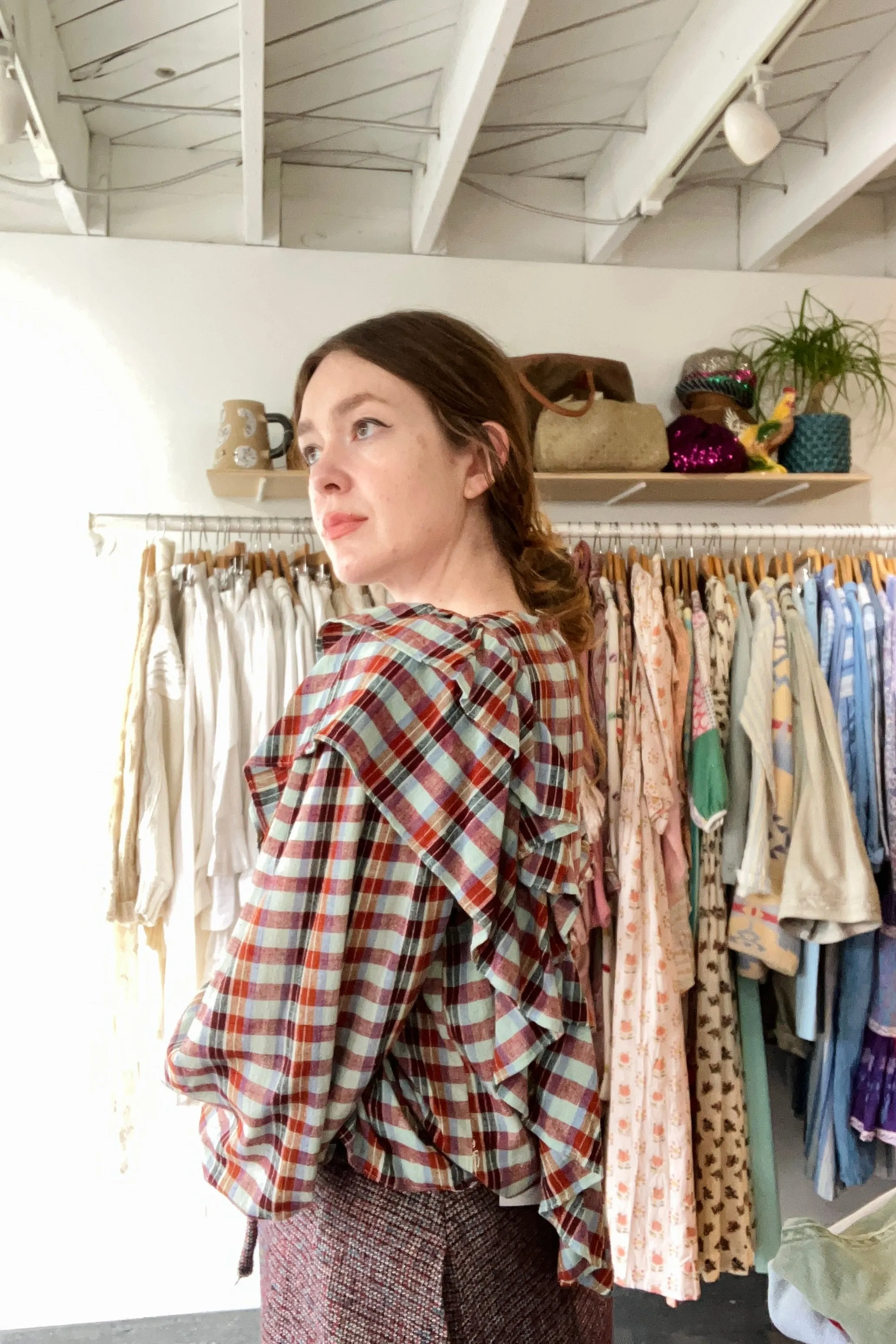 V. De. Vinster Plaid Silk Ruffle Top