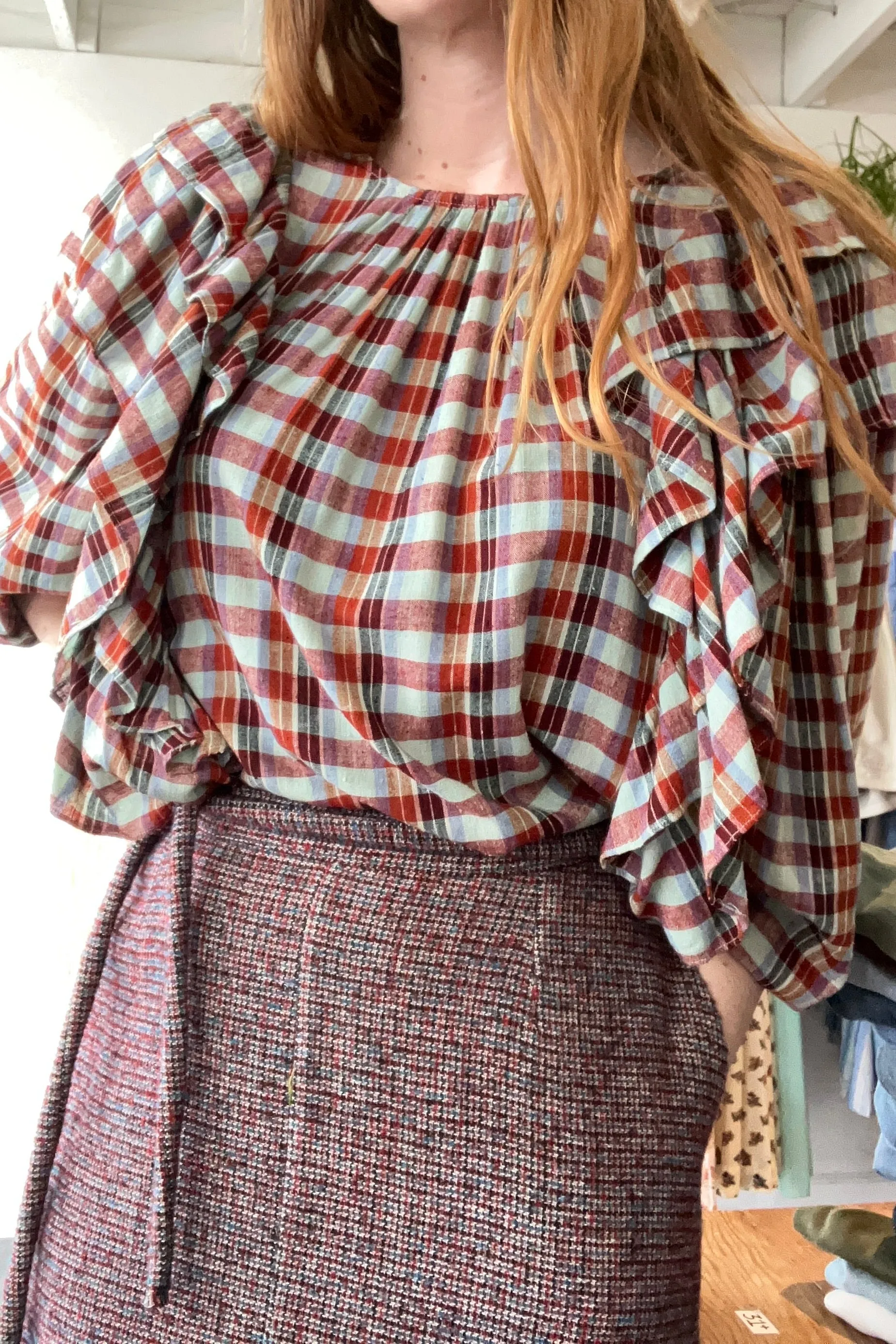 V. De. Vinster Plaid Silk Ruffle Top