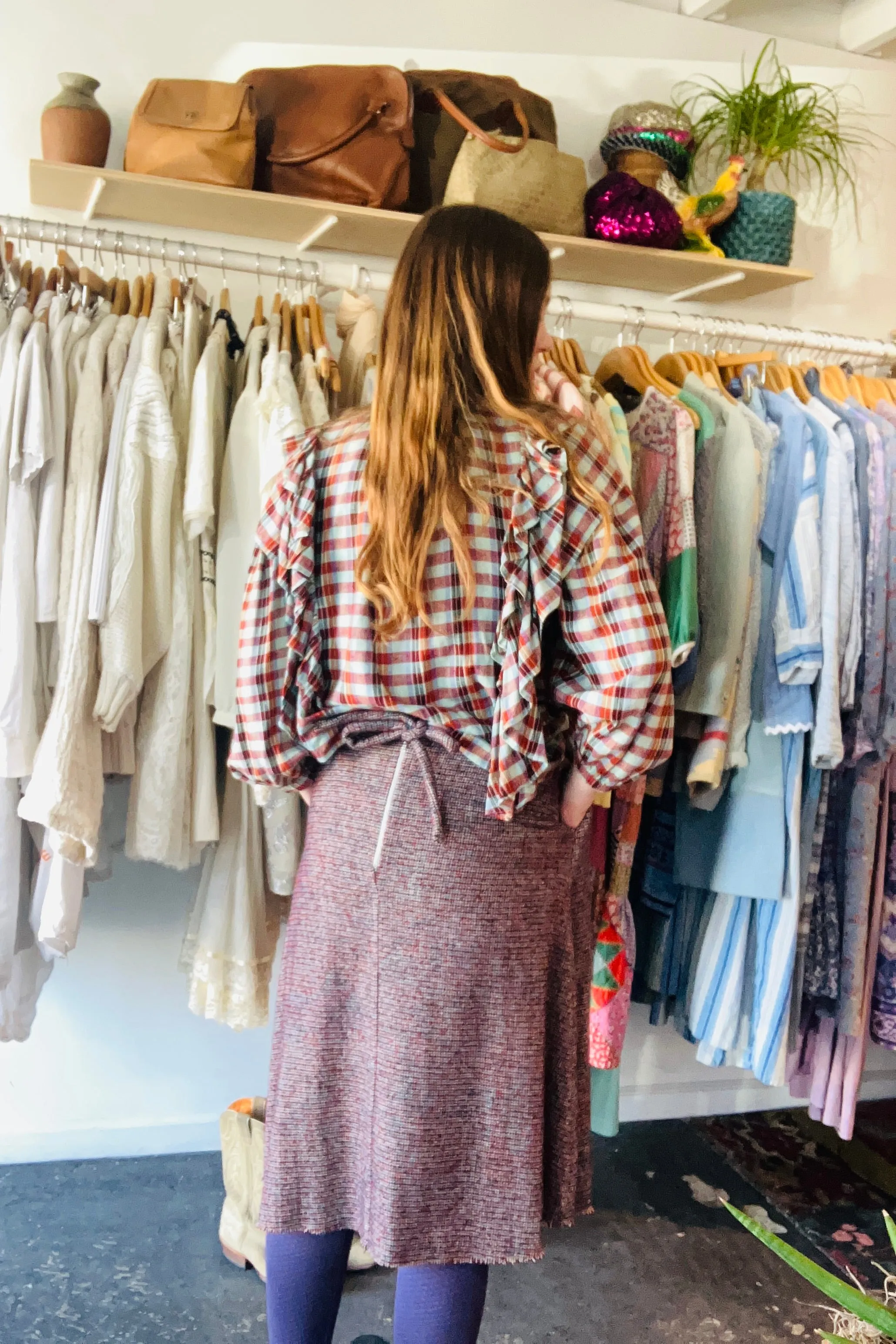 V. De. Vinster Plaid Silk Ruffle Top