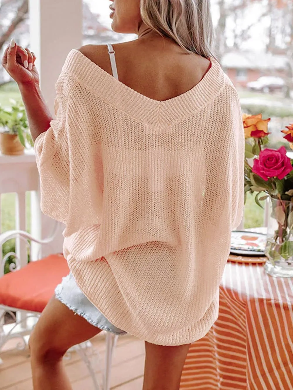 V-Neck Half Sleeves Loose Summer Sweater and Lightweight Knitted Shirts Pullover Beach cover Tops