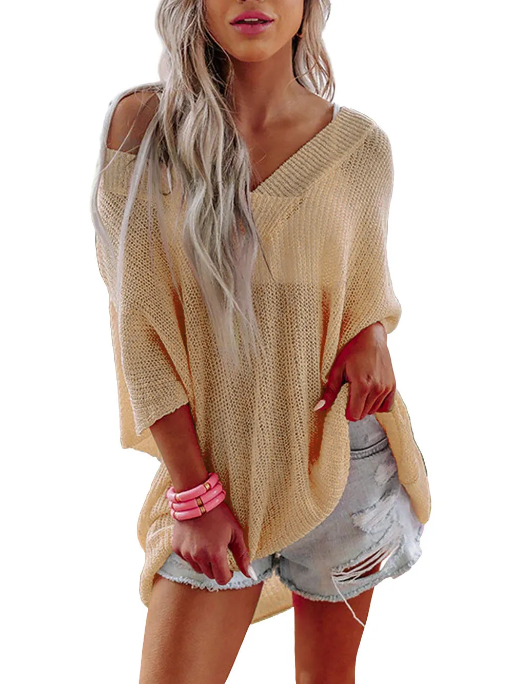 V-Neck Half Sleeves Loose Summer Sweater and Lightweight Knitted Shirts Pullover