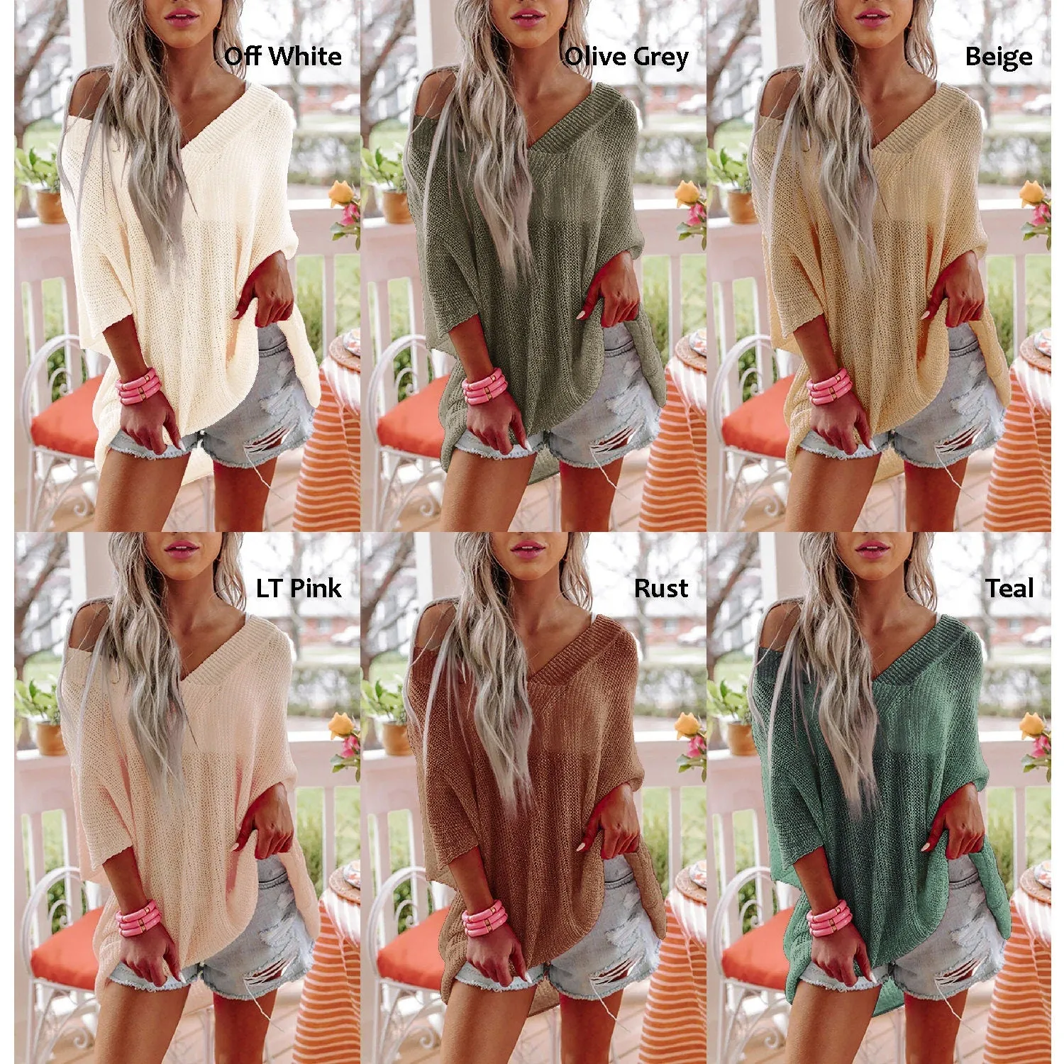 V-Neck Half Sleeves Loose Summer Sweater and Lightweight Knitted Shirts Pullover