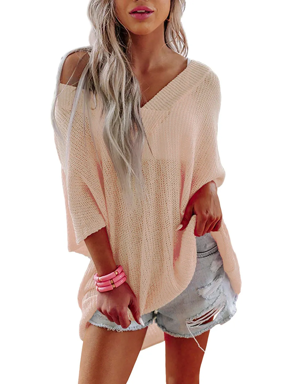 V-Neck Half Sleeves Loose Summer Sweater and Lightweight Knitted Shirts Pullover