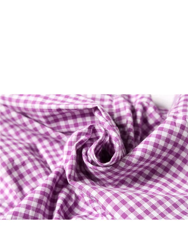 V-neck Puff Sleeve Slim Fit Ruffle Plaid Shirt T-Shirt