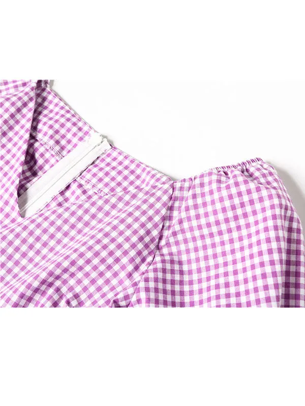 V-neck Puff Sleeve Slim Fit Ruffle Plaid Shirt T-Shirt