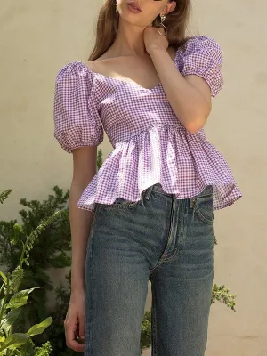 V-neck Puff Sleeve Slim Fit Ruffle Plaid Shirt T-Shirt