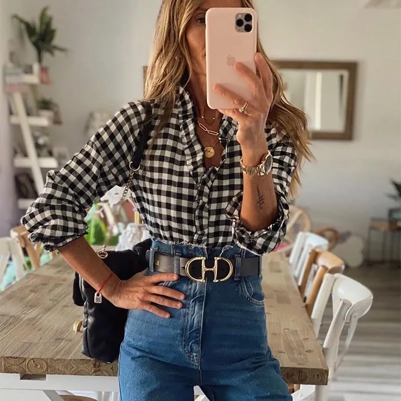 V-neck Ruffled Collar Plaid Blouse Shirts