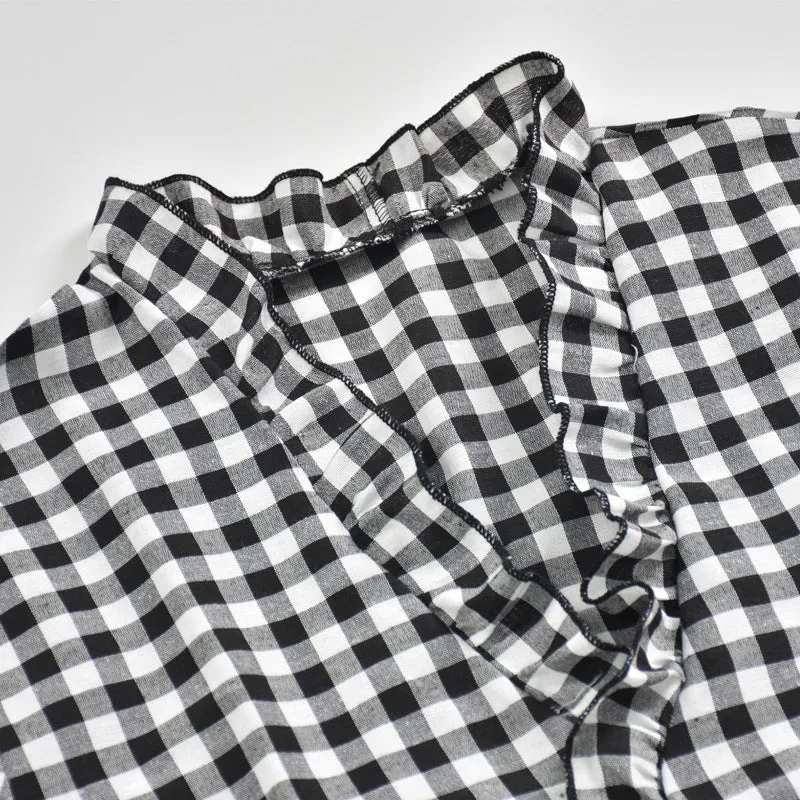 V-neck Ruffled Collar Plaid Blouse Shirts