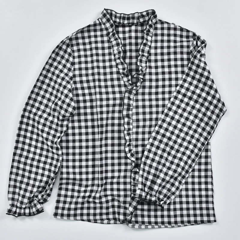 V-neck Ruffled Collar Plaid Blouse Shirts