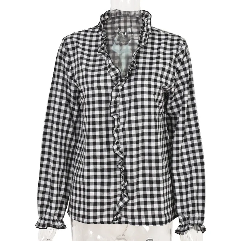 V-neck Ruffled Collar Plaid Blouse Shirts