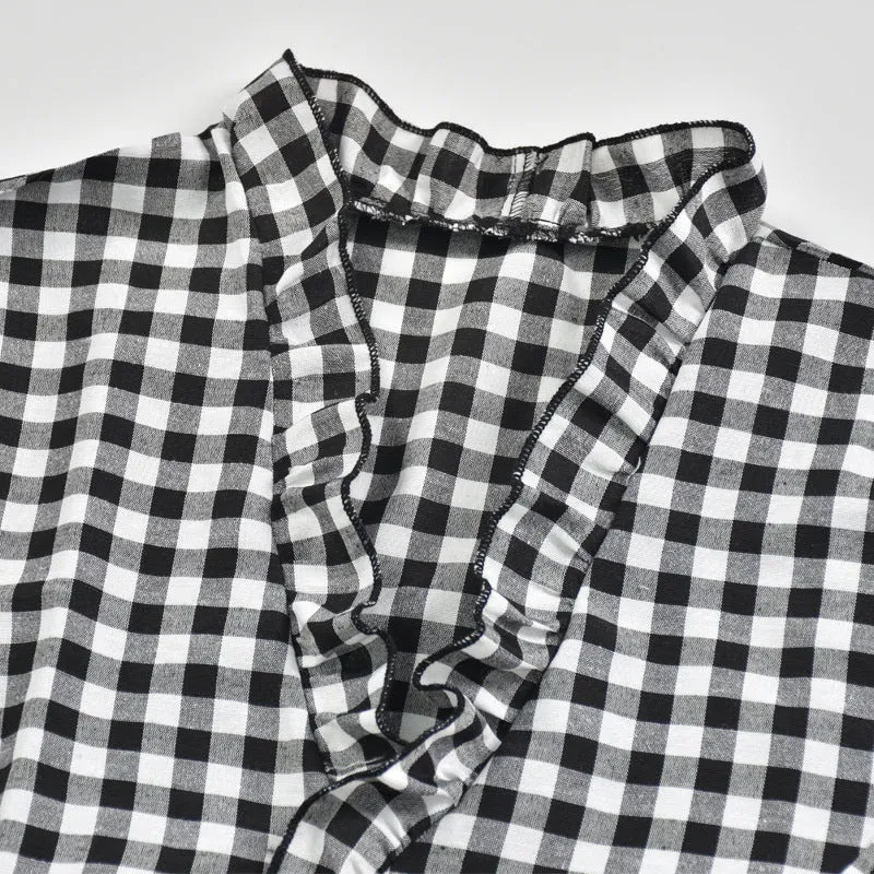 V-neck Ruffled Collar Plaid Blouse Shirts