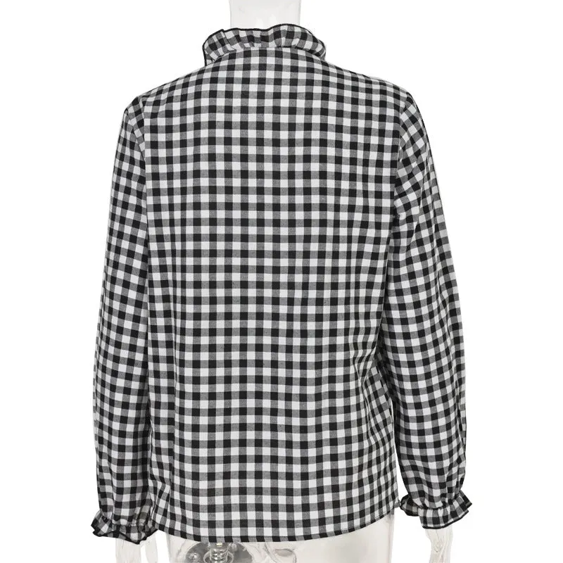 V-neck Ruffled Collar Plaid Blouse Shirts