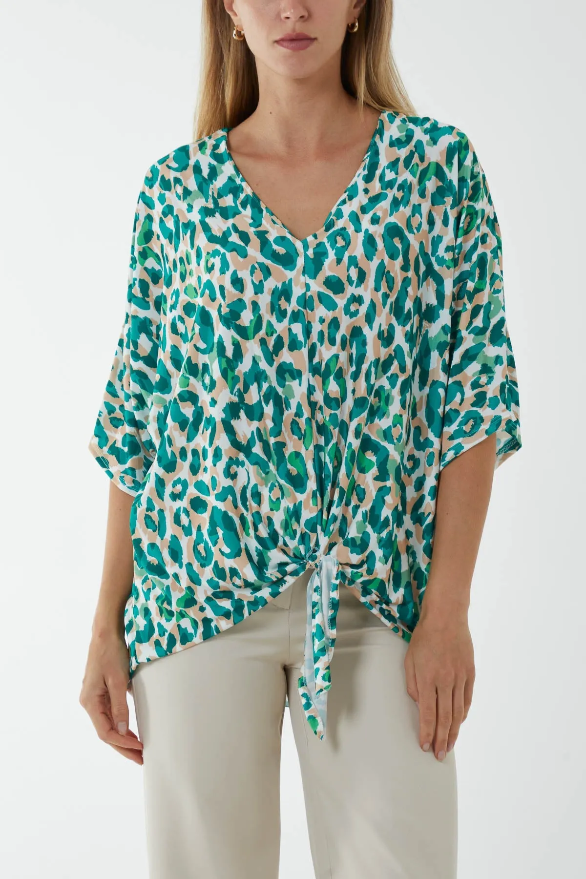 V-Neck Tied Front Leopard Print Top