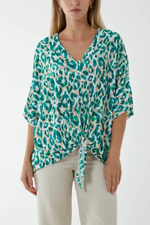 V-Neck Tied Front Leopard Print Top