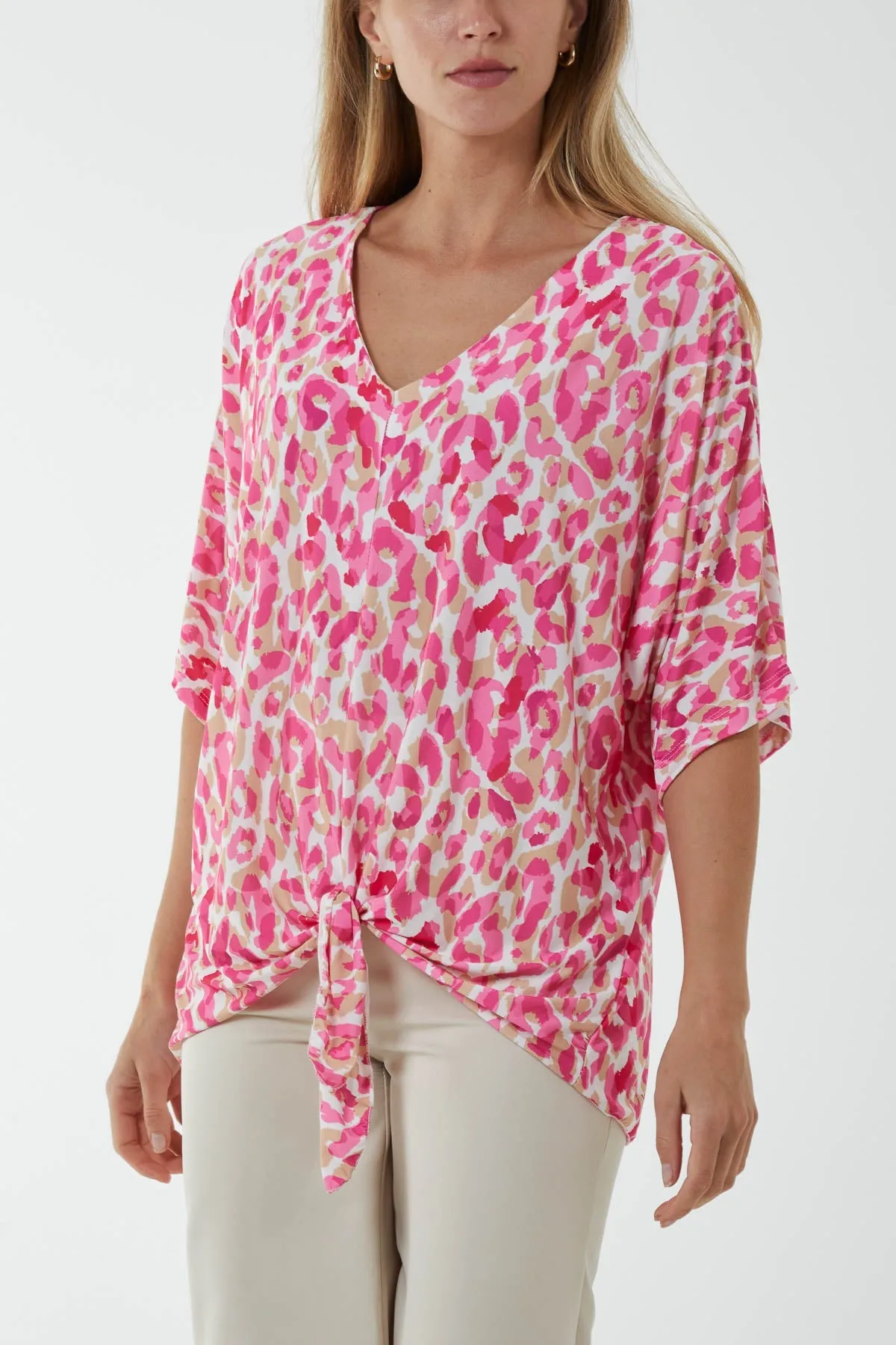 V-Neck Tied Front Leopard Print Top