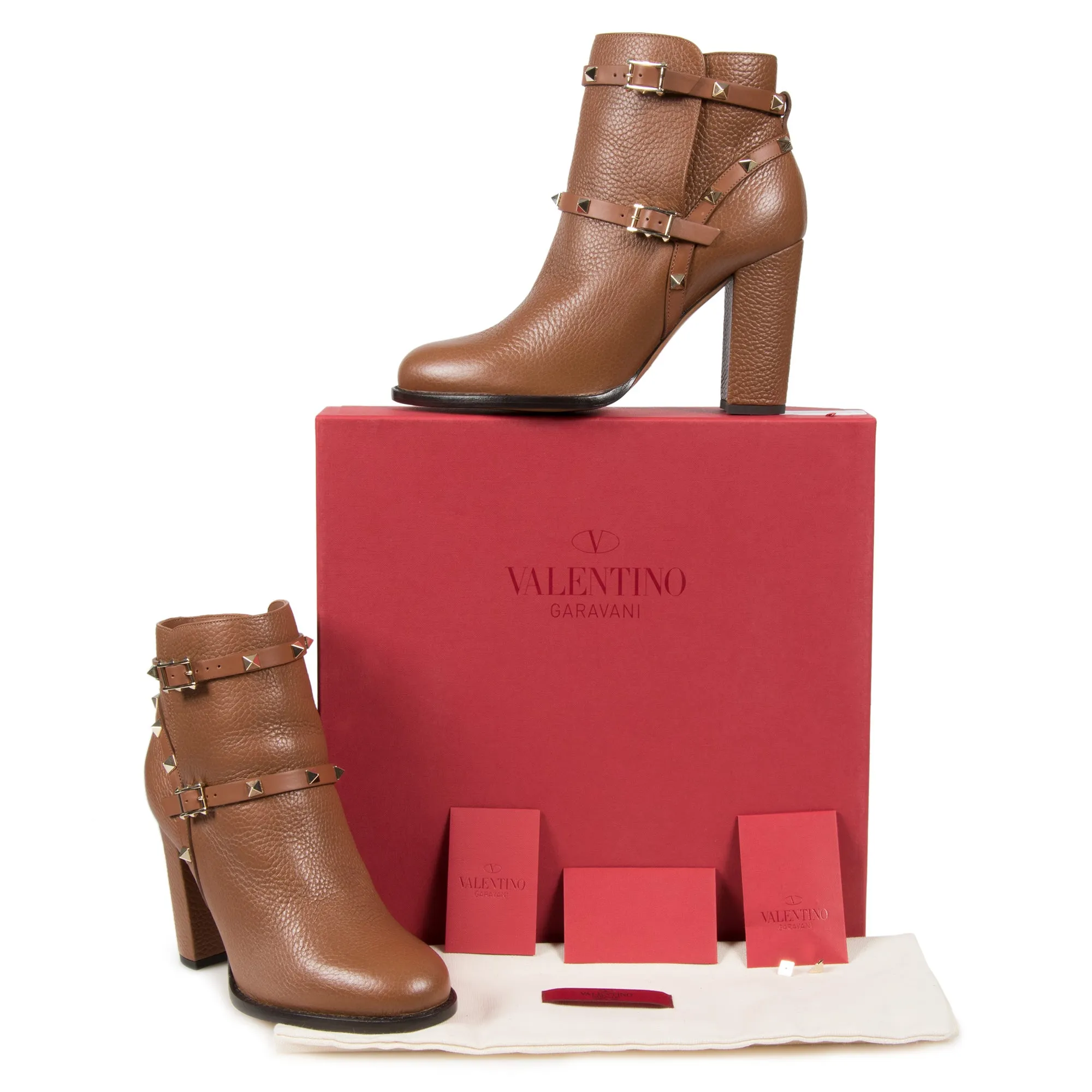 Valentino Brown Grained Calfskin Leather Rockstud Booties