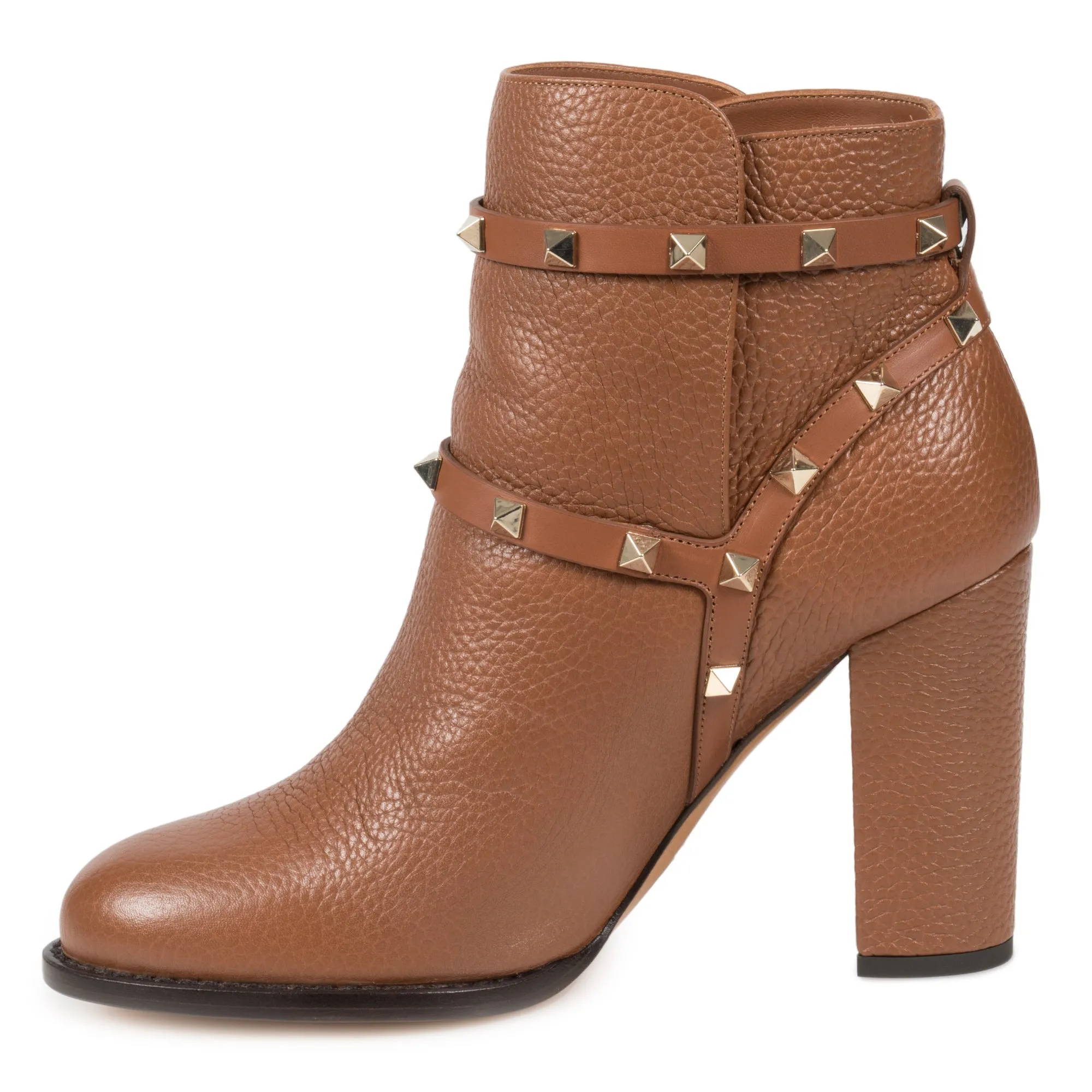 Valentino Brown Grained Calfskin Leather Rockstud Booties
