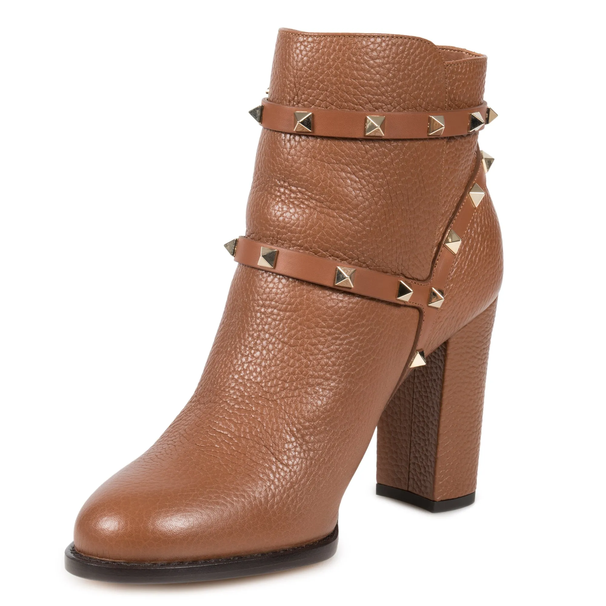 Valentino Brown Grained Calfskin Leather Rockstud Booties