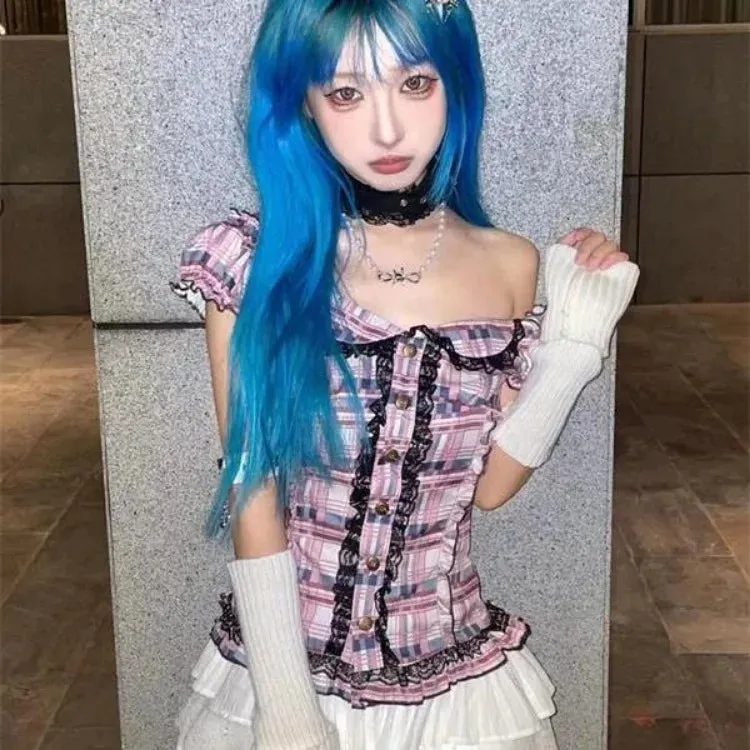 Vintage Sweet Pink Plaid V-neck Lace Shirts Women Y2k Slim Fit Single Breasted Blouses 2025 Spring Short Sleeve Blusas Mujer