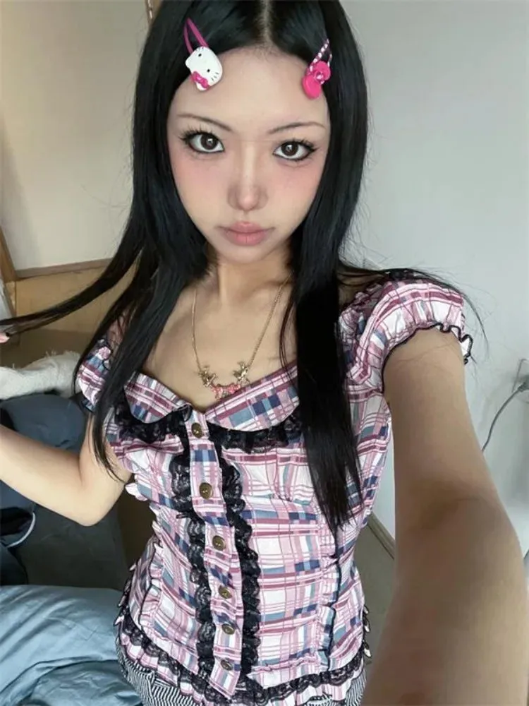 Vintage Sweet Pink Plaid V-neck Lace Shirts Women Y2k Slim Fit Single Breasted Blouses 2025 Spring Short Sleeve Blusas Mujer